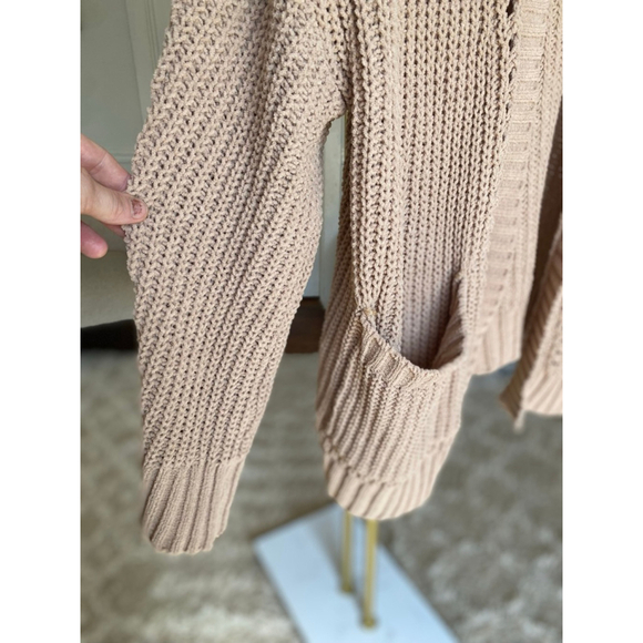 American Eagle Chunky Knit Cardigan Open Front Pockets Beige L Cozy Buttery Soft - Picture 4 of 8